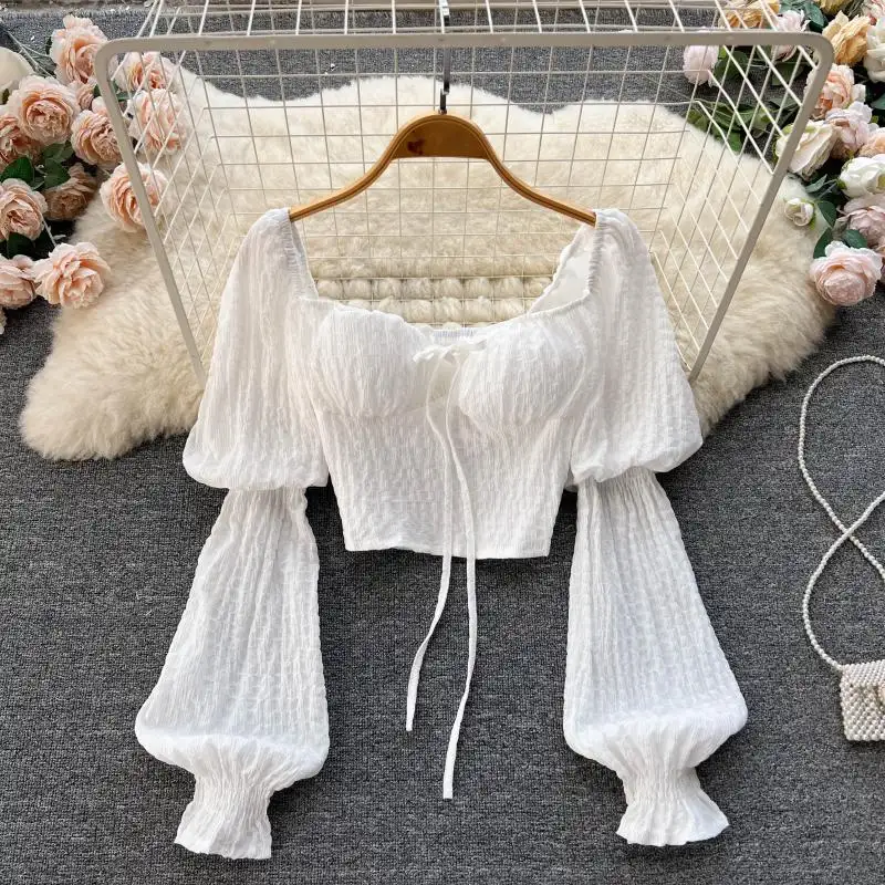 Осенний французский дизайн квадратный воротник белый топ Женская рубашка на шнуровке с рукавами-пузырьками красивая рубашка