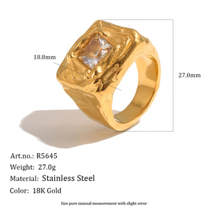 Irregular Hammered Texture Square CZ Signet <b>Ring</b> Pvd 18K Gold Plated Hypoallergenic Stainless Steel Chunky <b>Finger</b> <b>Ring</b> - Product Image 2