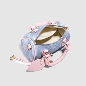 Bolso de mano para mujer con tela vaquera, bolso con diseño de perro bordado, asa en contraste rosa - Product Image 2