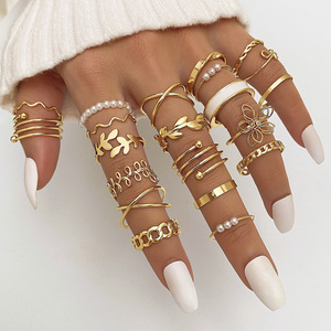 2025 New Hot Sale 21Pc/<b>Set</b> Geometric Leaves Flowers Pearl Drip Oil <b>Ring</b> <b>Set</b> for <b>Women</b> Jewelry - Product Image 2