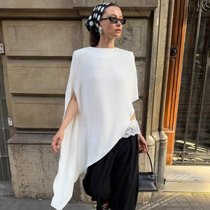 Women Irregular Asymmetric <b>Batwing</b> Sleeve T-Shirt Solid Color Round Neck Casual <b>Top</b> Polyester Fabric Yiwu Origin FDC1714 - Product Image 1