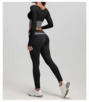 Nouvel ensemble de yoga color block effet deux pièces, tenue de fitness Pilates longue et moulante sans couture, vêtements de sport personnalisables avec logo pour femme