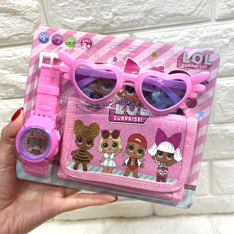 New Cartoon Princess Kids LED Watch with Wallet Glasses Birthday Gift for Children Cartoon Watch Set Boys Girls Digital Clock