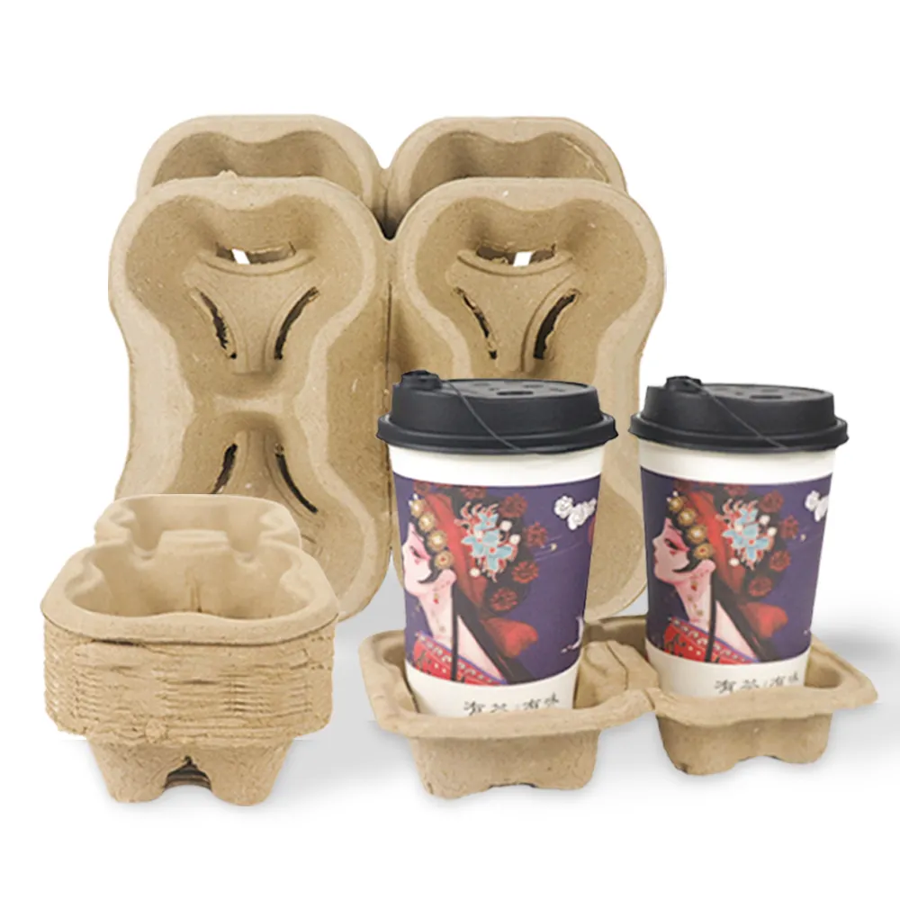 Biodegradable Pulp Molded Disposable Beverage Coffee Pulp Cup Holder Tray