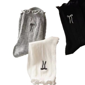 Women Slouch <b>Socks</b> Mid Calf Cotton Breathable Ruffled Trim Embroidered Bow White Black Gray Sweat Absorbing Odor Resistant - Product Image 4