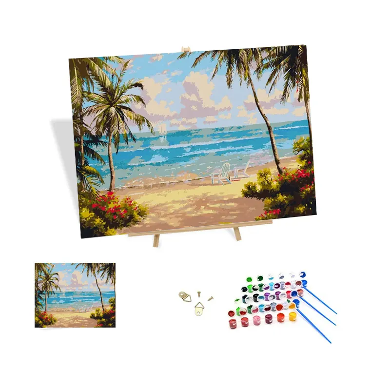 Fábrica al por mayor Diy pintura por números para niños paisaje costero Playa pintura al óleo pintada a mano con marco decoración del hogar regalo