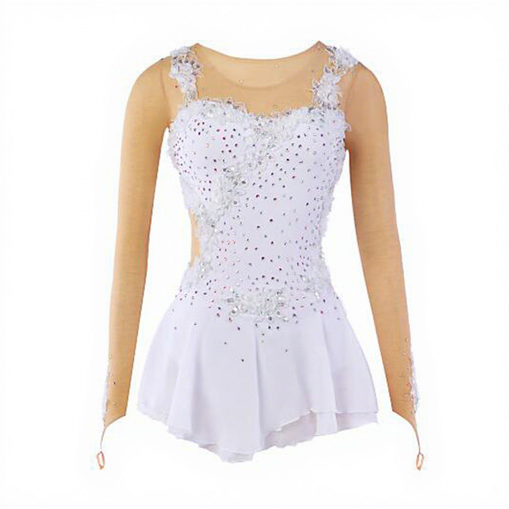 Figure Skating Dress by LIUHUO - White Spandex with Rhinestones