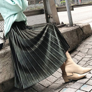 Jupe midi plissée en velours pour femme, taille haute, coupe trapèze, grande taille, couleur unie, longue, mode printemps, élégante pour le quotidien - Product Image 3