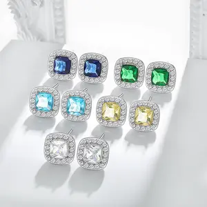 DAIHE Fashion S925 Silver Needle Multicolor Crystal Zircon Stud Earrings Women Square Rhinestones Gem Earrings