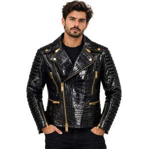 Veste en cuir de crocodile personnalisée pour homme, veste de motard en cuir de crocodile noir gaufré, veste en cuir véritable, streetwear moto - Product Image 1