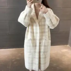 2022 hiver femmes Plaid Brushy tricot pardessus vêtements d'extérieur fausse fourrure de vison femmes vêtements doux hiver chaud fourrure Long manteau