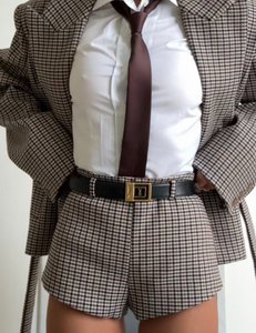 Ensemble chemise et <span class=keywords><strong>short</strong></span> élégant pour <span class=keywords><strong>femme</strong></span>, tendance automne, à carreaux, à motif <span class=keywords><strong>pied</strong></span>-<span class=keywords><strong>de</strong></span>-<span class=keywords><strong>poule</strong></span>, amincissant, longueur genou, avec nœud - Product Image 5
