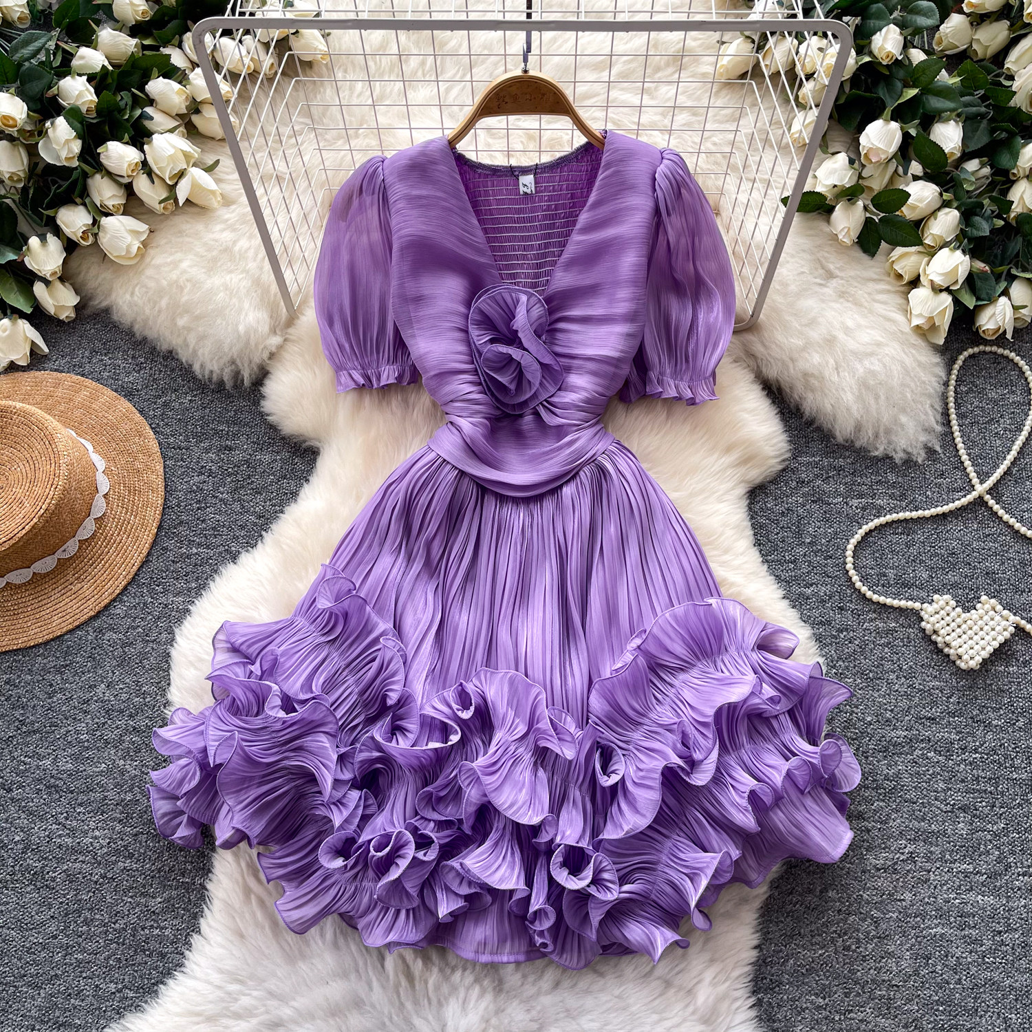 Low Price Purple Puffy Dresses O-Neck Design, Pearl Applique | Alibaba.com