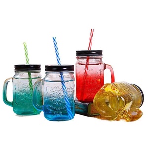 H-101 Wholesale 16 OZ Drinking Glasses Mason Jars with Handles, lids and hard plastic reusable straws