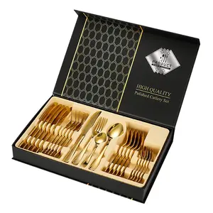 Set regalo 24 pezzi di vendita caldo posate in oro Set di posate in acciaio inossidabile con scatola Set di posate portatili da 24 pezzi