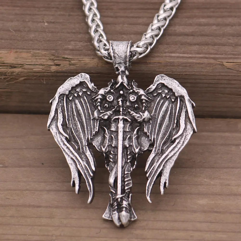 Popular Viking Celtic men's Necklace Irish Cross and Archangel Wing Pendant Diablo amulet jewelry