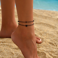 Ensemble de chevillères cœur noir, chaîne fine, bijoux de pied perlés, réglables, accessoire de vacances à la plage pour femme