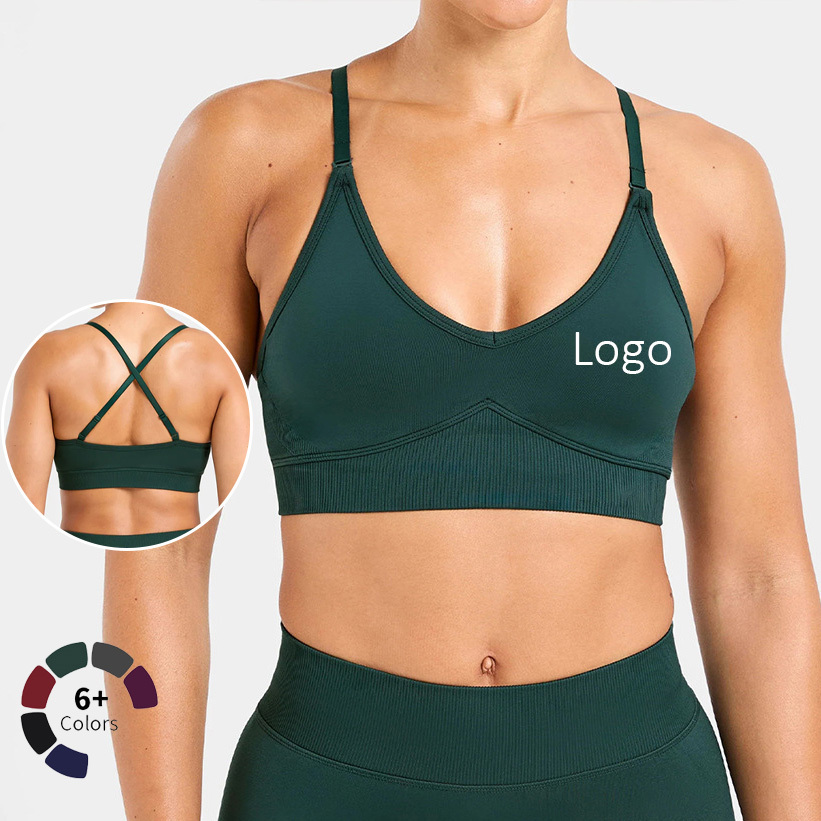 Custom Front Back Seamless Breathable High Support Deep V-neck Sports Bra Backless Elastic Hem Push-up Removable Chest Pad Plus