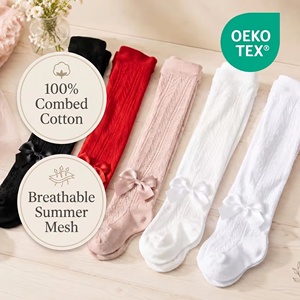 Medias de Bebé Niña Estilo Español, Certificadas OEKO-TEX, con Diseño de Malla Hueca y Lazo |   Algodón Peinado Transpirable para Verano - Product Image 1