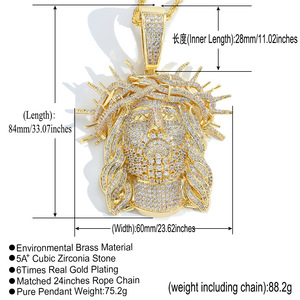 สร้อยคอจี้รูปพระเยซูทรงหนาม ชุ<span class=keywords><strong>บ</strong></span>ทอง 14K ทำจากทองเหลือง ด้านหลังแบ<span class=keywords><strong>บ</strong></span>ตัน ประดับเพชร CZ เกรด 5A สไตล์วินเทจ ฮิปฮอป สำหรับ<span class=keywords><strong>ผู้ชาย</strong></span> - Product Image 2