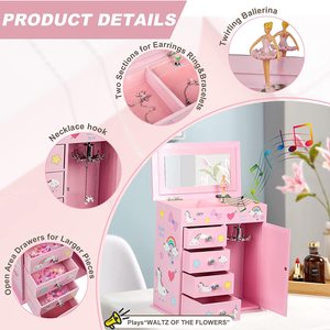 Scatola Portagioie in Legno Premium per Ragazze Ever Bright, con Cassetti Multipli, Unicorno, Carosello Musicale a Manovella, Durata del Suono 30 Secondi - Product Image 4
