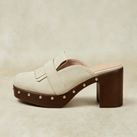 Mules à franges pour femmes, plateforme, talon carré, en daim, clous dorés, style Kiltie, bout carré, à enfiler, sans talon, style bohème, sabots épais