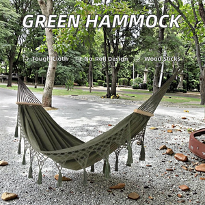 <span class=keywords><strong>Hamaca</strong></span> de Madera Maciza Antivuelco Individual o Doble, Lona Verde Gruesa con Borlas de Lona para Camping y Senderismo - Product Image 2