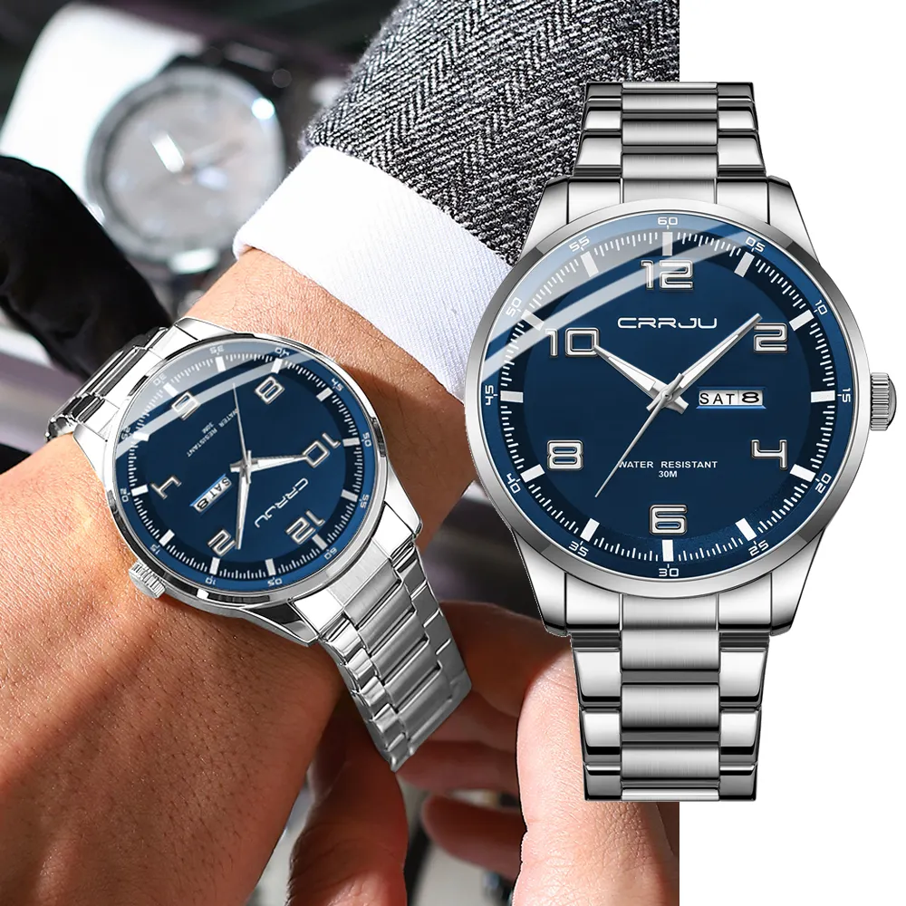 Crrju relojes para hombre Relogio Masculino lujo 316L banda de acero inoxidable semana día luminoso plata azul hombre reloj de pulsera de cuarzo