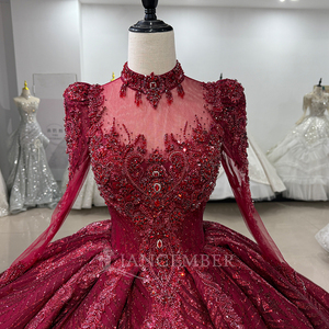 XS215 Robe de Quinceañera Rouge à Col Montant, Style Empire, pour 15 Ans, avec Broderie de Cristaux, Perles et Imprimé, Traîne Chapelle, pour Fête - Product Image 5