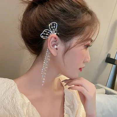 2021 Neue Trendy Ohr haken Perle Schmetterling Clip Ohrringe Ohrring Haken Lange Schmetterling Quaste Haken Ohrringe für Mädchen