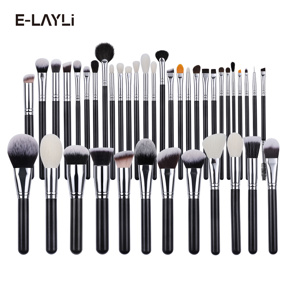 Groothandel Luxe Zwart Houten Handvat Zilver 40 Stuks Grote Cosmetische Borstels Set Make-Up Poeder Foundation Blush Oogborstels Op Maat