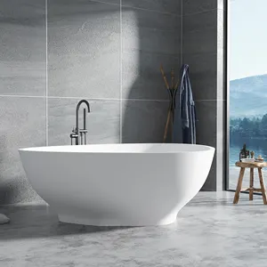 Bak mandi segitiga putih Matte, bak mandi tiga sisi batu buatan bak mandi berdiri bebas untuk Villa permukaan padat