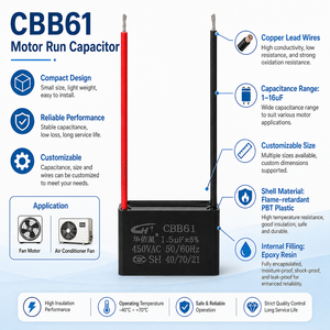 ตัวเก็บประจุแบบฟิล์มโพลีโพรพิลีน <span class=keywords><strong>CBB61</strong></span> ซีรีส์ 0.47uF-25uF 450V <span class=keywords><strong>50</strong></span>/<span class=keywords><strong>60Hz</strong></span> (พร้อมสายไฟ) ซ่อมแซมตัวเองได้ ESR ต่ำ สำหรับไฟฟ้ากระแสสลับ - Product Image 2
