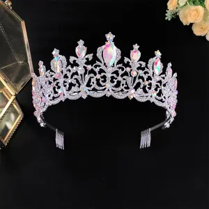 Commercio all'ingrosso all'ingrosso di lusso della principessa colorful strass da sposa tiara 4