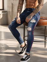 Jeans skinny pour homme à rayures latérales déchirées, pantalon en denim extensible de haute qualité avec rayures latérales rouges et blanches