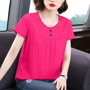 Women's Casual Short Sleeve T-Shirt Maroon Knitted Breathable Round Neck Button-Up Summer Top - Product Image 4