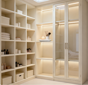 Armoire <span class=keywords><strong>de</strong></span> chambre à coucher <span class=keywords><strong>de</strong></span> grand espace <span class=keywords><strong>avec</strong></span> portes en verre étagères ouvertes et tringles à vêtements dorées Rangement spacieux Convient à la décoration <span class=keywords><strong>de</strong></span> chambre à coucher moderne - Product Image 2