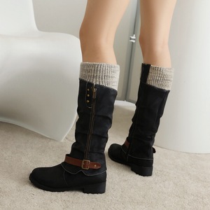 Botas de gamuza hasta la rodilla con cremallera y hebilla, punta redonda, tacón cuadrado bajo, zapatos de mujer con forro de felpa, envío directo - Product Image 3