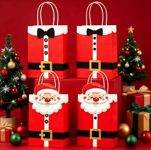 Sac cadeau en papier kraft de Noël avec impression costume de Père Noël pour les cadeaux de fêtes et de réveillon de Noël avec lien. - Product Image 1