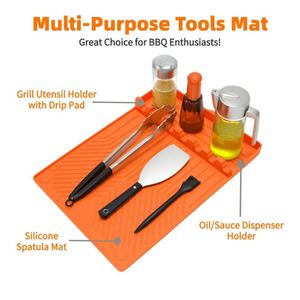 Heat Resistant Silicone Grill Mat Spatula Mat Utensil Holder with 8 Slots for Griddle <b>BBQ</b> Kitchen <b>Tool</b> Organizer Pad Waterproof - Product Image 4