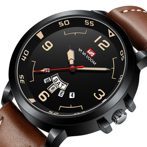 Montre durable pour hommes, cadran noir, affichage de la date, bracelet en cuir gris, montre-bracelet décontractée pour affaires - Product Image 2