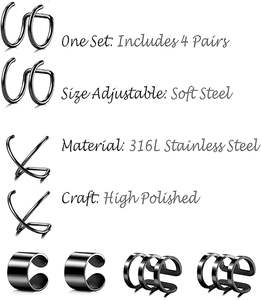 4 paires de boucles <span class=keywords><strong>d</strong></span>'oreilles en acier inoxydable <span class=keywords><strong>Helix</strong></span> Cartilage Clip on Wrap Earrings Fake Nose Ring Non-Piercing Adjustable - Product Image 5
