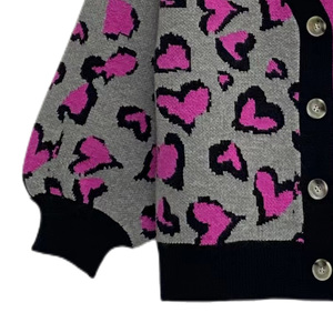 Cardigan Femme Chic et Élégant en Maille Color Block <span class=keywords><strong>Rose</strong></span> Cœur Léopard Jacquard Col V Coupe Oversize - Product Image 2