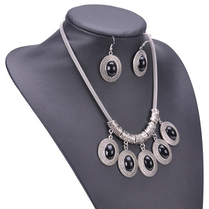 USA Fashion Vintage <b>Boho</b> Tassel Oval Turquoise Pendant Womens Jewelry Set for Women <b>Necklace</b> and Earrings Alloy Silver Plated - Product Image 4