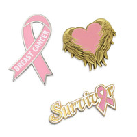 Vente en gros directe usine : Badges de revers en métal estampé, ruban rose de sensibilisation au cancer du sein, impression typographique argentée