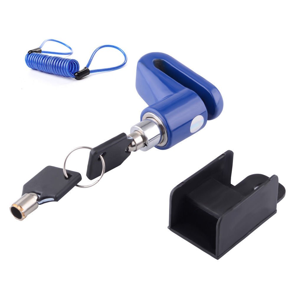 Antivol de frein à disque bleu avec câble d'avertissement bleu.