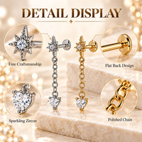 Boucle d'oreille céleste à triple chaîne en acier inoxydable 316L, clou plat pour femme, bijou d'oreille hélice étoile filante