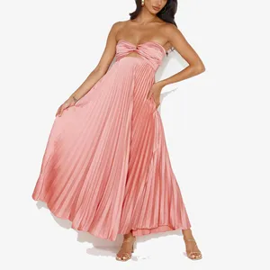 ชุดเดรสยาวคลุมเข่าสำหรับผู้หญิงที่สง่างามชุดเดรสเซ็กซี่ไม่มีสายสีชมพูแบบยาวมีจีบเปลือยหลังมีผ้ายืดหยุ่นสองชุดกระโปรงทรงตรงพอดีตัว - Product Image 3