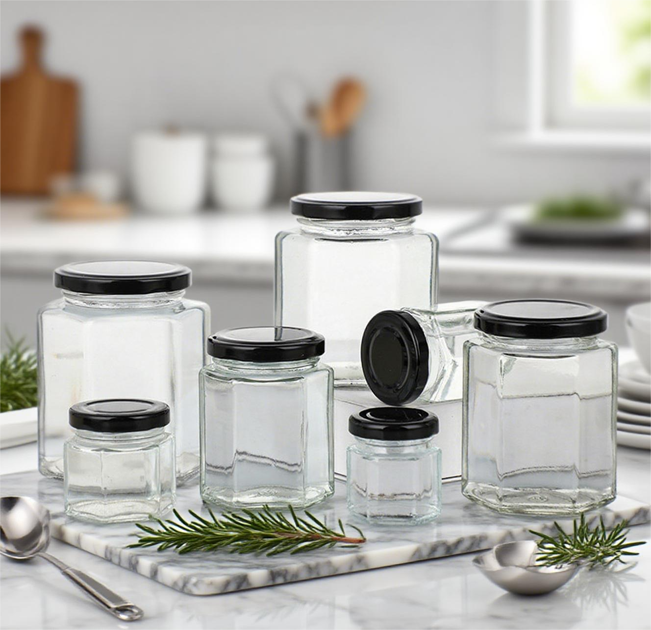 In Stock 45ml 60ml 85ml 100ml 180ml 280ml 380ml 580ml 730ml Hexagonal Shape Glass Storage Canister Jars for Jam Honey