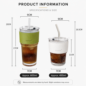 Taza de café de vidrio acanalado con tapa y pajita, logotipo personalizado en relieve, funda de cuero, apta para microondas y lavavajillas, diseño moderno para regalos - Product Image 3